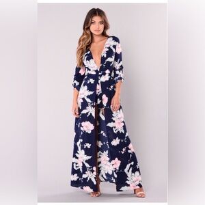 Fashion Nova Navy Floral Plunge Jumpsuit with Pink & White Flowers